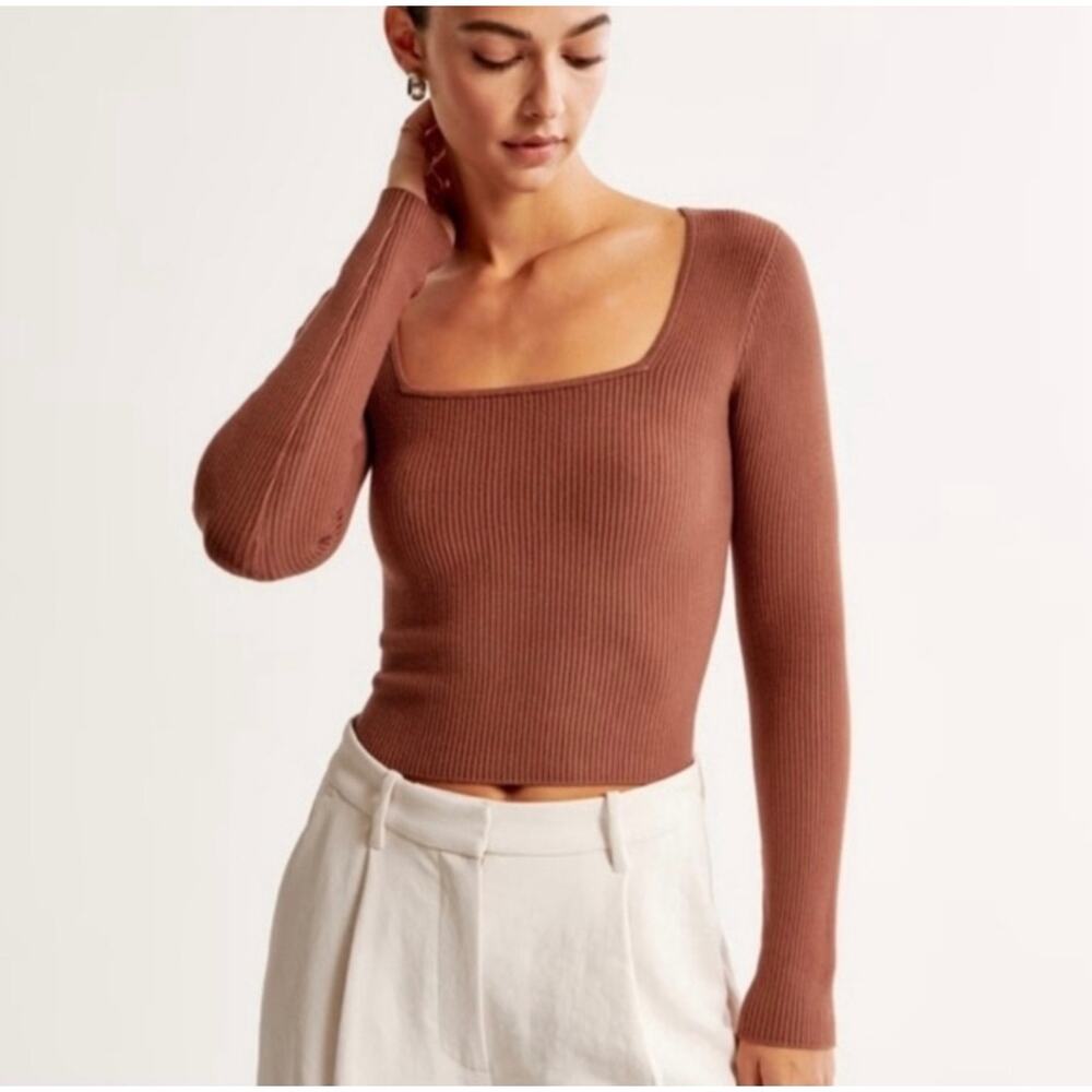 Abercrombie & Fitch Rust Brown Knit Ribbed Long Sleeve Cropped Top-Size Large